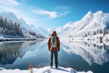 A man with a backpack standing on the edge of a snowy lake. Suitable for outdoor adventure and winter landscape themes - obrazy, fototapety, plakaty