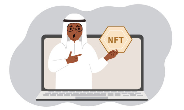 NFT concept. A laptop in which a muslim man with the image of NFT in the palm of his hand. Auction of non-fungible tokens, markets, online education.