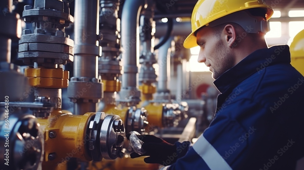 Poster a man wearing a hard hat is diligently working on a machine. this image can be used to depict indust