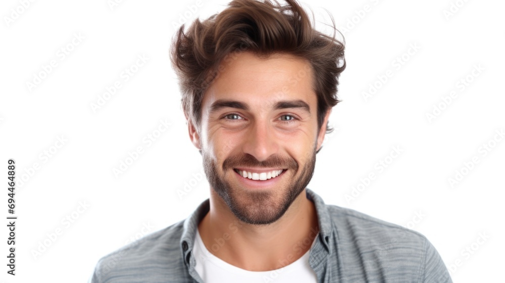 Poster A man with a beard smiling at the camera. Suitable for various uses