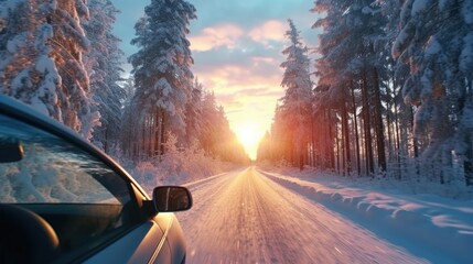 A car driving down a snow-covered road. Suitable for winter driving or scenic road trip concepts - obrazy, fototapety, plakaty