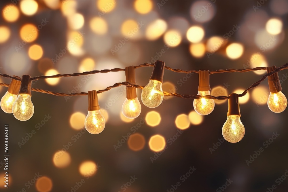 Poster A string of light bulbs hanging from a string. Can be used to create a festive and vibrant atmosphere