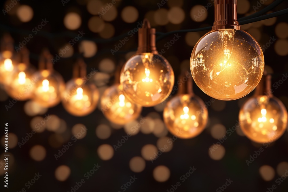 Poster A string of light bulbs hanging from a tree. Perfect for adding a festive touch to outdoor events or creating a magical ambiance in gardens and outdoor spaces