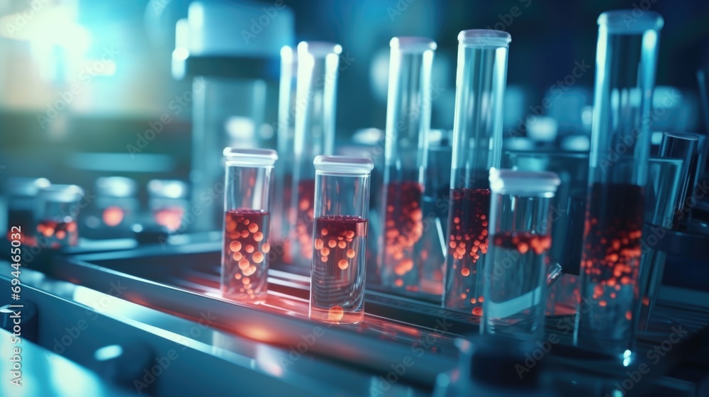 Poster a row of test tubes filled with red liquid. perfect for scientific experiments or laboratory-themed 