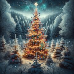 Winter Celebration with Christmas Tree and Snow