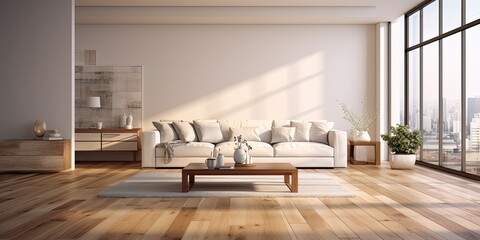 Stylish, well-lit and cozy living space with spacious sofa, wooden flooring and large windows. - obrazy, fototapety, plakaty