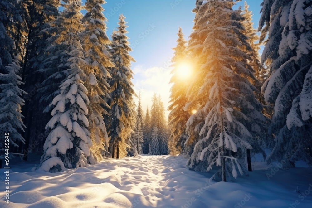 Poster sunlight filtering through the trees in a snowy landscape. perfect for winter-themed designs and nat