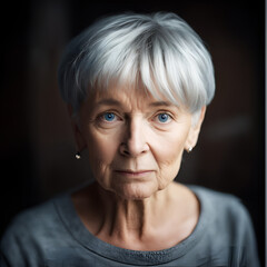 Seventy years, life goes on. A thoughtful woman of seventy looks into the lens. An atmosphere of decency, reliability and kindness