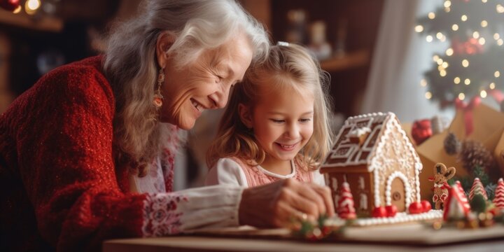 An older woman and a young girl are seen in the process of decorating a gingerbread house.