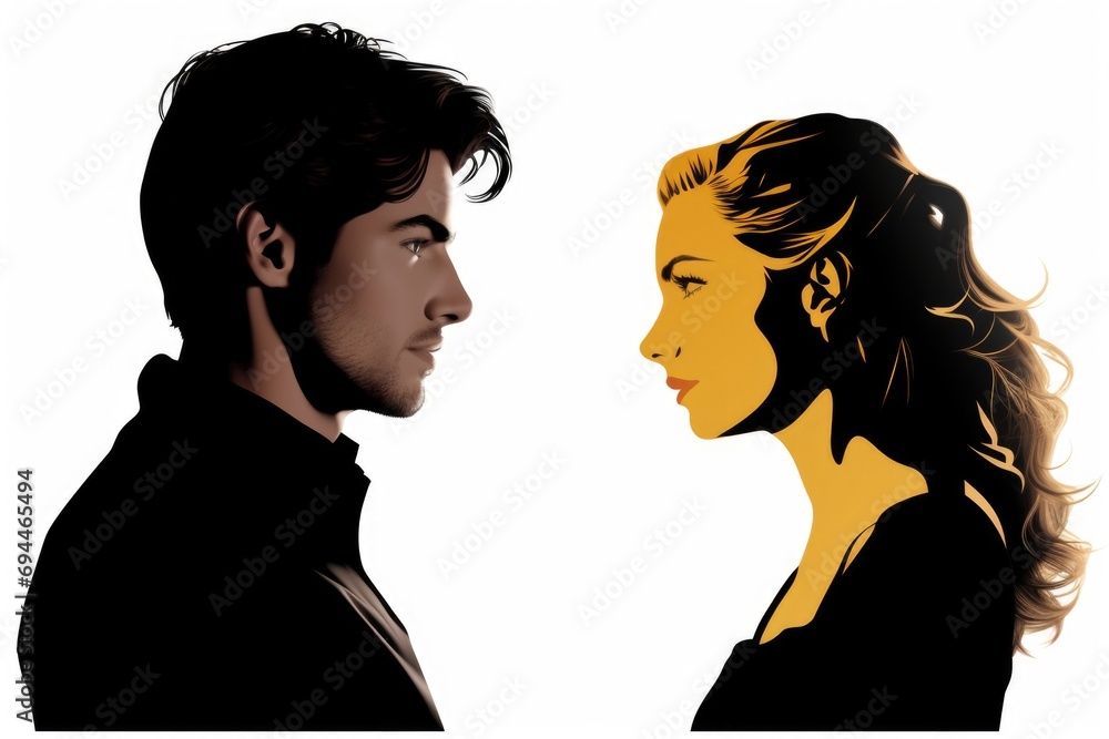 Poster a picture featuring a man and a woman standing in front of each other. suitable for various uses