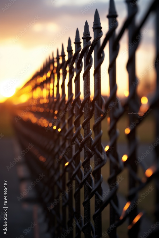 Poster A picture of a fence with a beautiful sunset in the background. Perfect for capturing the tranquility of nature