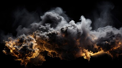 A cloud of smoke is captured against a black background. This image can be used to depict mystery, danger, pollution, or as a background for text or graphics - obrazy, fototapety, plakaty