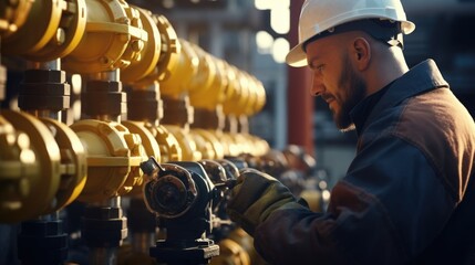 A man wearing a hard hat is seen working on pipes