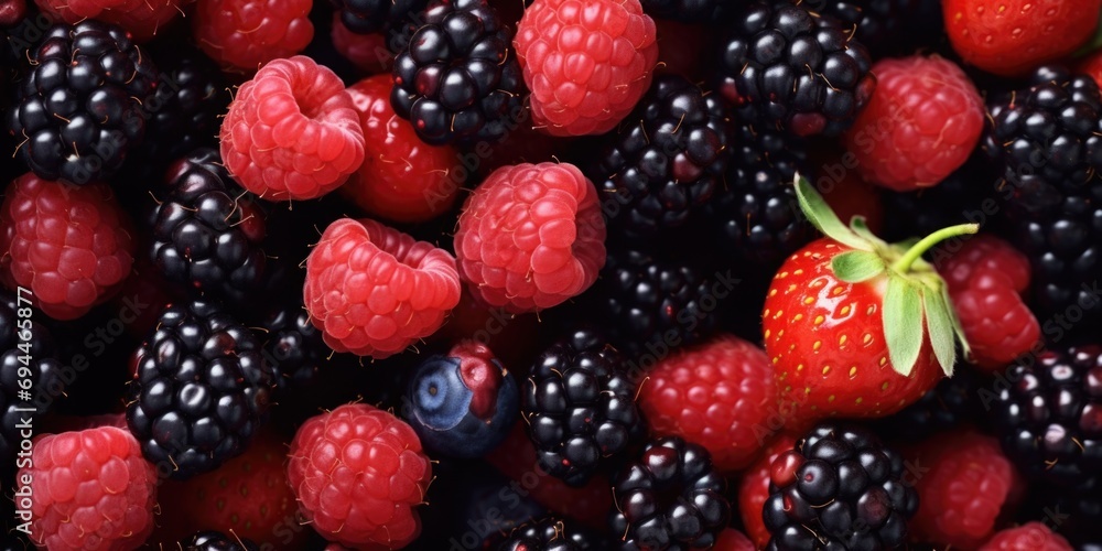 Poster A close-up view of a bunch of berries. This image can be used to showcase the vibrant colors and textures of berries.