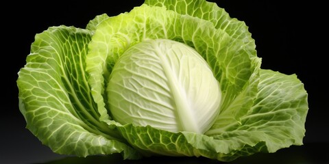 Fototapeta premium A detailed view of a cabbage placed on a black surface. This image can be used to depict freshness, healthy eating, or as a background for food-related designs