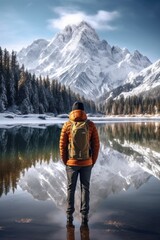 A man standing in front of a serene lake with a majestic mountain in the background. This image can be used to depict solitude, nature, and outdoor exploration