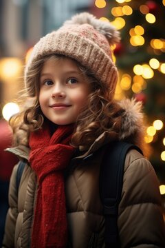A little girl wearing a hat and scarf. Suitable for winter-themed designs and advertisements
