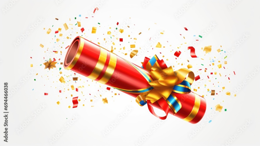 Poster a vibrant red dynamite with a shiny gold bow and colorful confetti. perfect for celebrations and fes