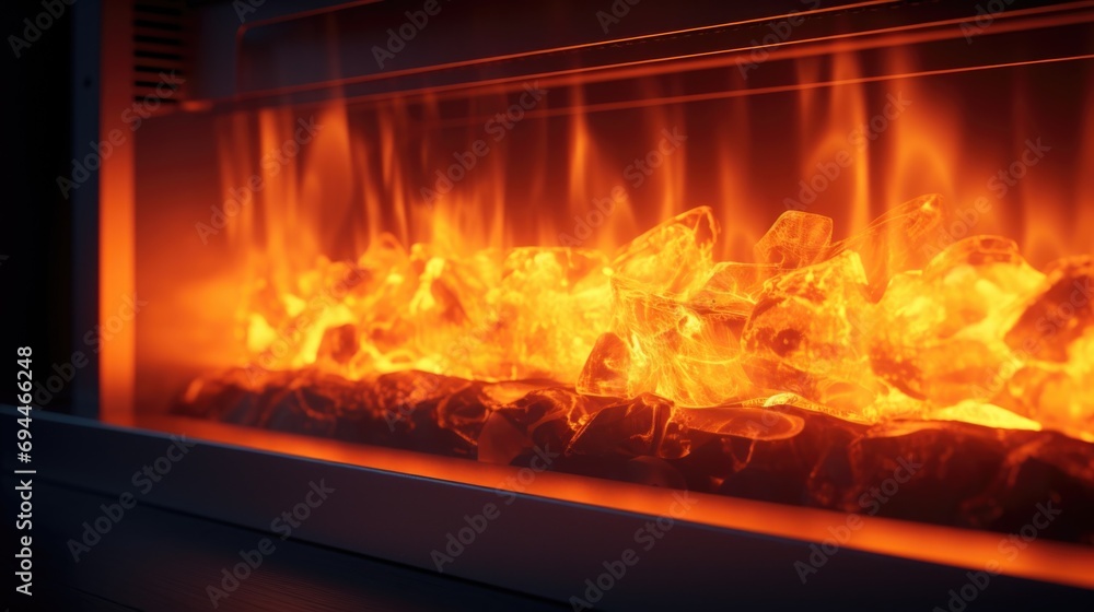 Poster a close up view of a roaring fire in a cozy fireplace. perfect for creating a warm and inviting atmo