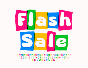 Vector promo template Flash Sale. Colorful Alphabet Letters and Numbers. Bright Creative Font.