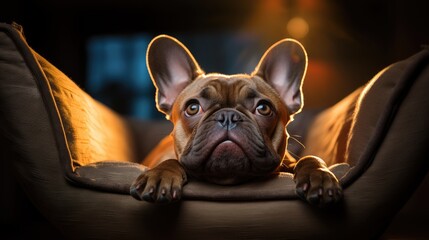A photo of a dark French bulldog lying on a chair in the evening