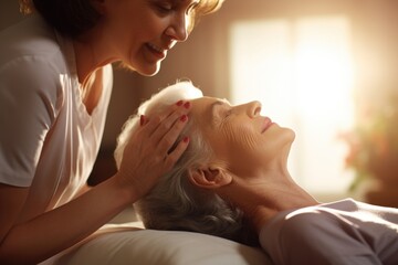 A touching moment between a woman and an older woman. This image can be used to depict care, support, and concern for the elderly - obrazy, fototapety, plakaty