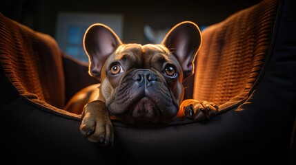 Photo of a French bulldog dog lying in place, muted warm light