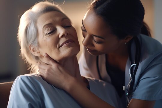A heartwarming image of a nurse showing compassion and care by hugging an elderly woman.