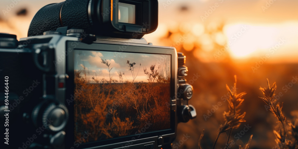 Wall mural a close up view of a camera mounted on a tripod. this image can be used to showcase photography equi