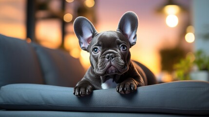 A photo of a gray French bulldog puppy resting on the couch at home