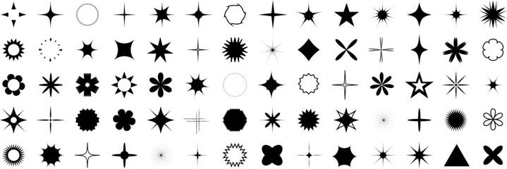 Shine stars shape icons, sparkling, geometric shapes symbols. Glow shiny icons for party or greeting cards. Vector illustration