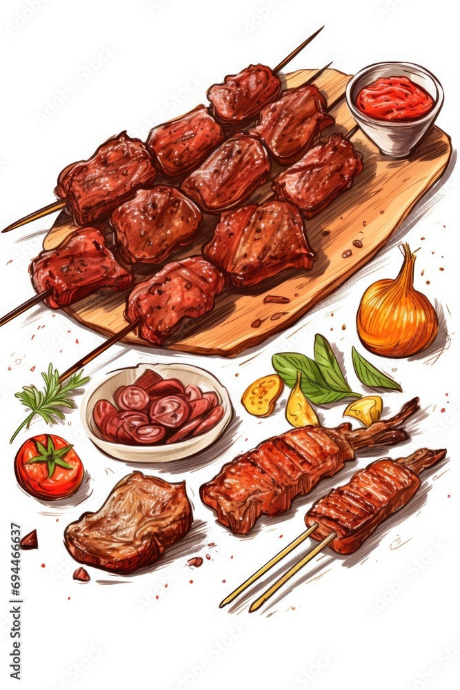 Poster A bunch of meat skewers on a cutting board. Ideal for food-related projects or recipes