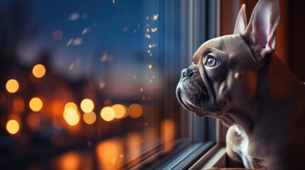 Photo a French bulldog looks out the window at the magical lights of the evening city - obrazy, fototapety, plakaty