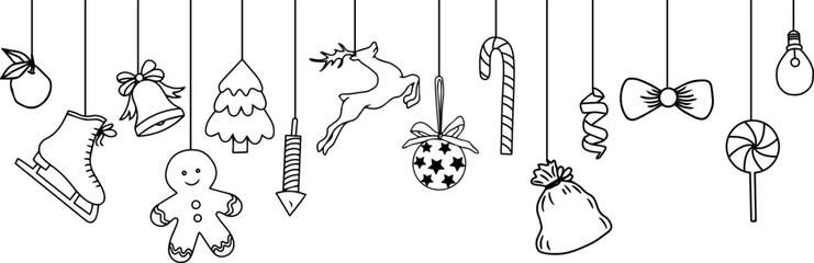 Christmas ornament elements hang on a white background. Vector illustration