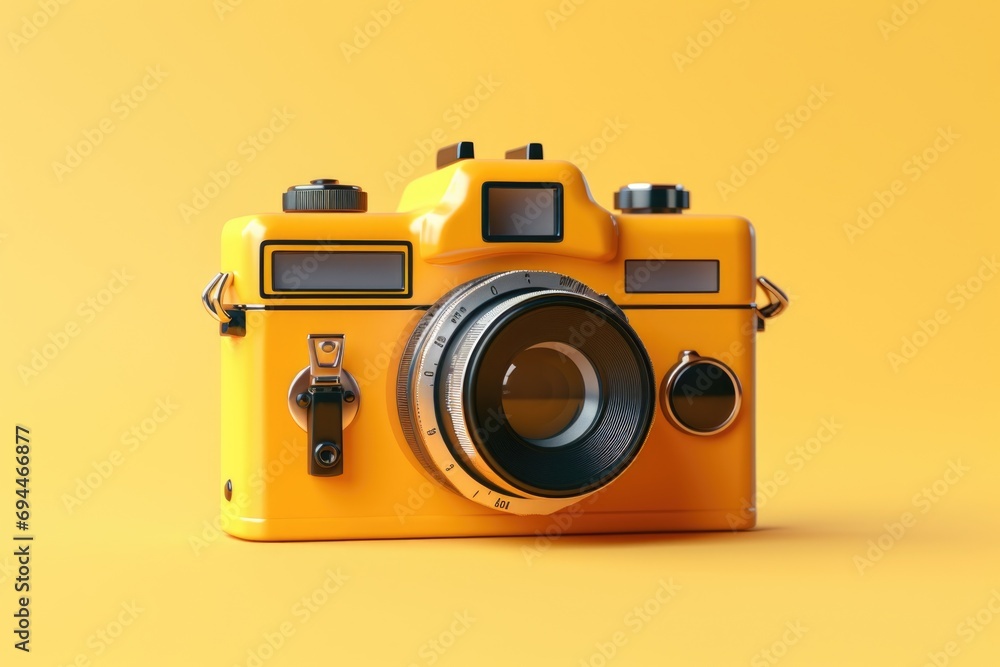 Poster a yellow camera resting on a yellow surface. suitable for photography enthusiasts and technology-rel