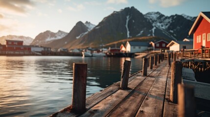 A picturesque wooden dock with a row of houses in the background. Perfect for showcasing waterfront living or coastal landscapes - obrazy, fototapety, plakaty