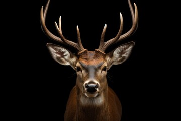 Close-up shot of a deer's head on a black background. Perfect for wildlife enthusiasts or nature-themed designs - Powered by Adobe