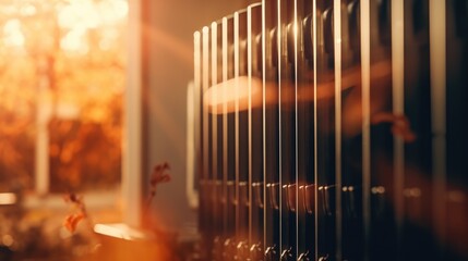 Metal fence with the sun shining in the background. Perfect for adding a touch of warmth and texture to any design project