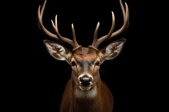 Close-up shot of a deer's head on a black background. Perfect for wildlife enthusiasts or nature-themed designs