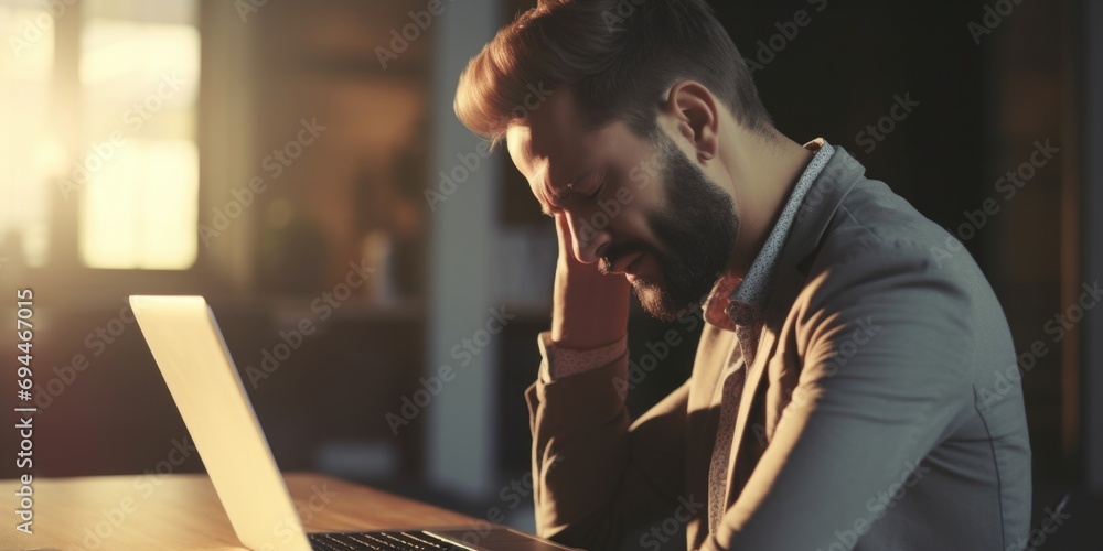 Poster a man is sitting in front of a laptop computer. this image can be used to depict technology, work, o