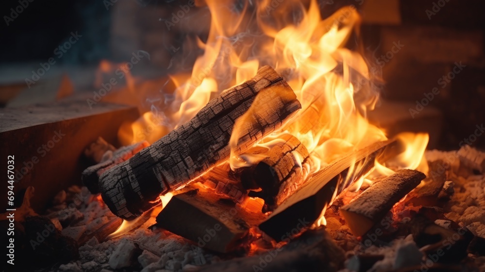 Poster a close up view of a fire burning in a fireplace. this image can be used to add warmth and coziness 