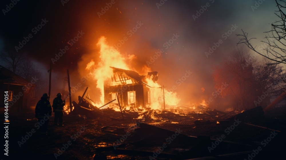 Poster a group of people standing in front of a burning house. suitable for illustrating the concept of dan