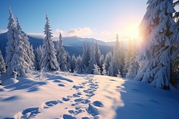 A picturesque snow covered forest with visible footprints in the snow. Perfect for winter-themed designs and nature-related projects