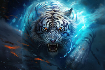 Photography of an angry tiger walking toward in the darkness. Blue glowing tiger. Generative AI illustration.