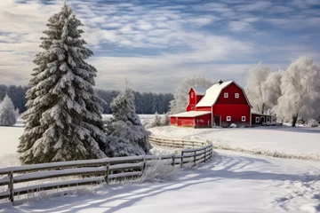 Fotobehang Winter Wonderland: Festive Farm Scene © AIproduction