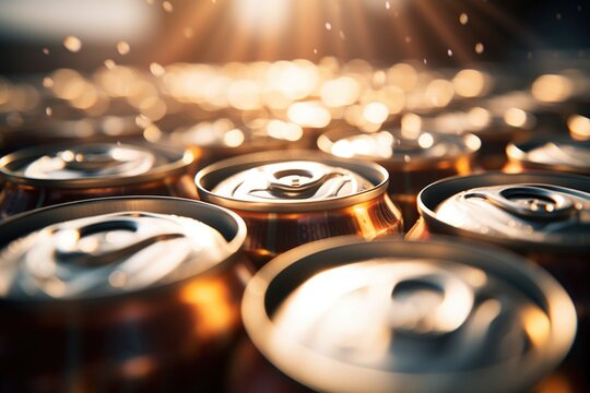 A close-up view of a group of soda cans. This image can be used in various contexts