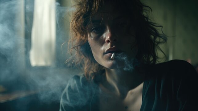 A woman is seen smoking a cigarette in a dimly lit room. This image can be used to depict addiction, relaxation, or a mysterious atmosphere.