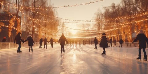 A group of people enjoying ice skating on an ice rink. Perfect for winter activities and recreational events - obrazy, fototapety, plakaty