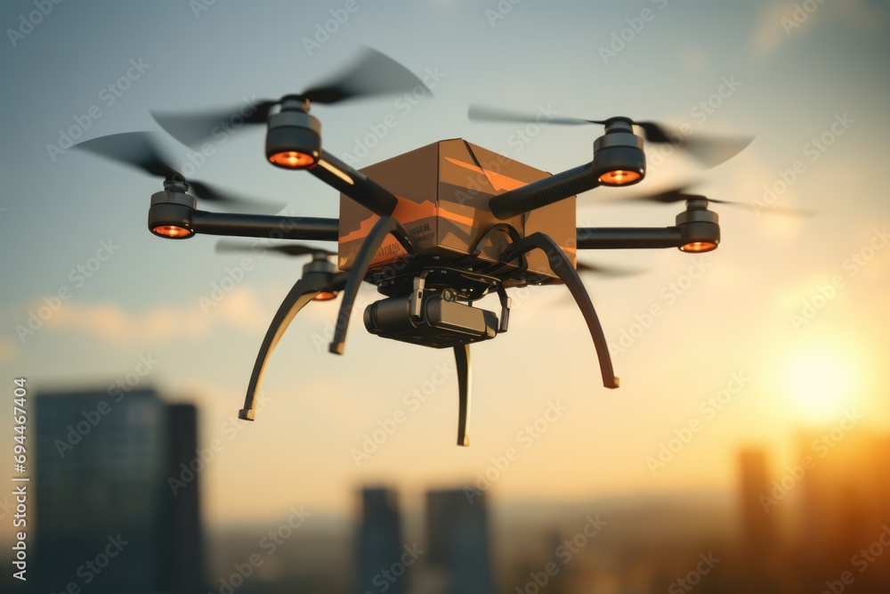 Poster a drone flying in the air with a box attached to it. this image can be used to depict delivery servi