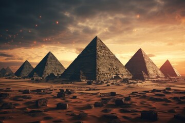 A captivating image of a group of pyramids standing tall in the desert, bathed in the warm hues of a beautiful sunset. Perfect for travel brochures, adventure magazines, and historical documentaries